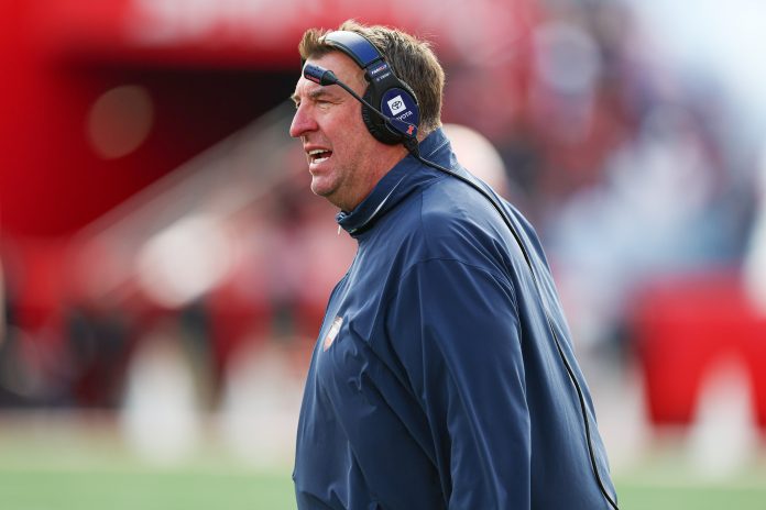 Illinois Fighting Illini head coach Bret Bielema looks on during the first half against the Rutgers Scarlet Knights at SHI Stadium.