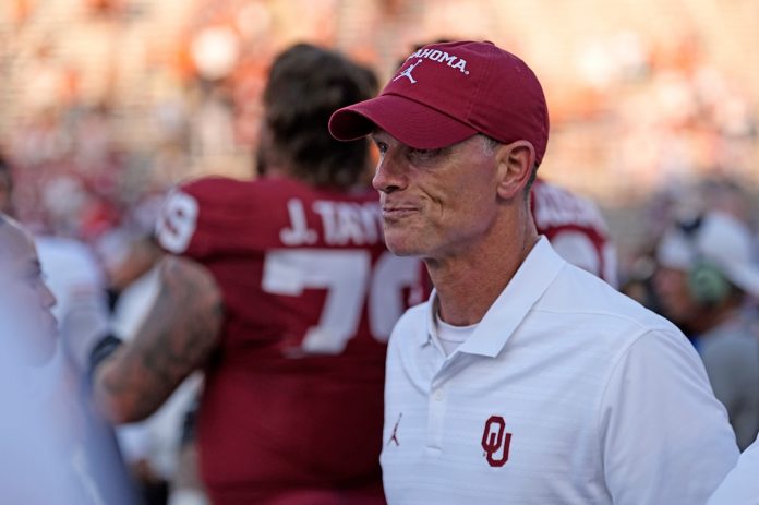 Oklahoma head football coach Brent Venables reacts following the first half of the Red River Rivalry college football game between the University of Oklahoma Sooners and the Texas Longhorn at the Cotton Bowl Stadium in Dallas, Texas, Saturday, Oct., 12, 2024.