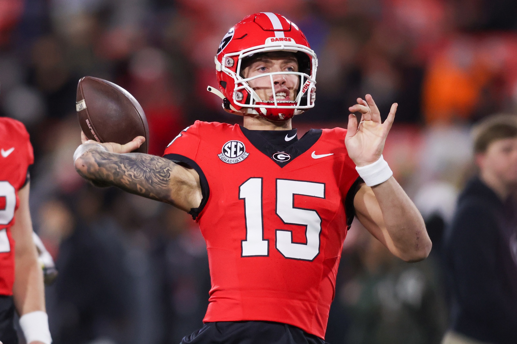 Georgia Bulldogs quarterback Carson Beck (15) prepares for a game against the Georgia Tech Yellow Jackets at Sanford Stadium.