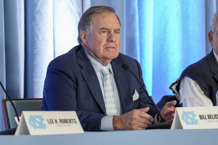 North Carolina Tar Heels new head coach Bill Belichick speaks to those attending at Loudermilk Center for Excellence.