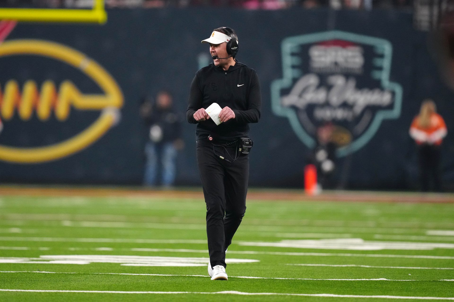 Southern California Trojans head coach Lincoln Riley reacts against the Texas A&M Aggies in the first half at Allegiant Stadium.