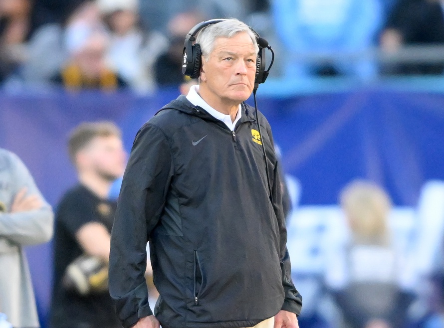 Iowa Hawkeyes head coach Kirk Ferentz watches from the sideline against the Missouri Tigers during the first half at Nissan Stadium.