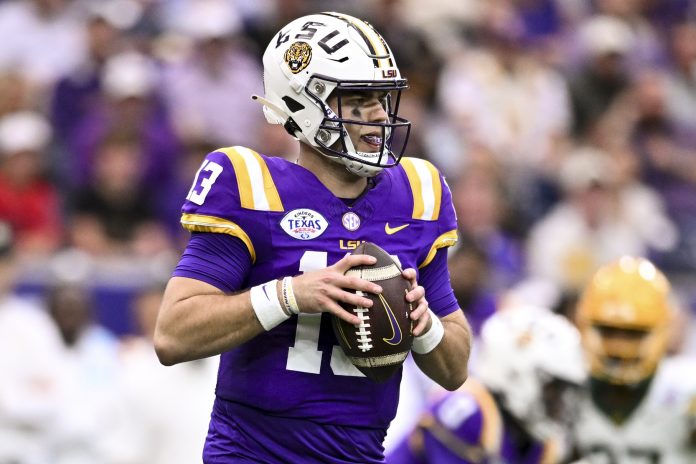 LSU Tigers quarterback Garrett Nussmeier (13) throws a pass during the first half against the Baylor Bears at NRG Stadium.