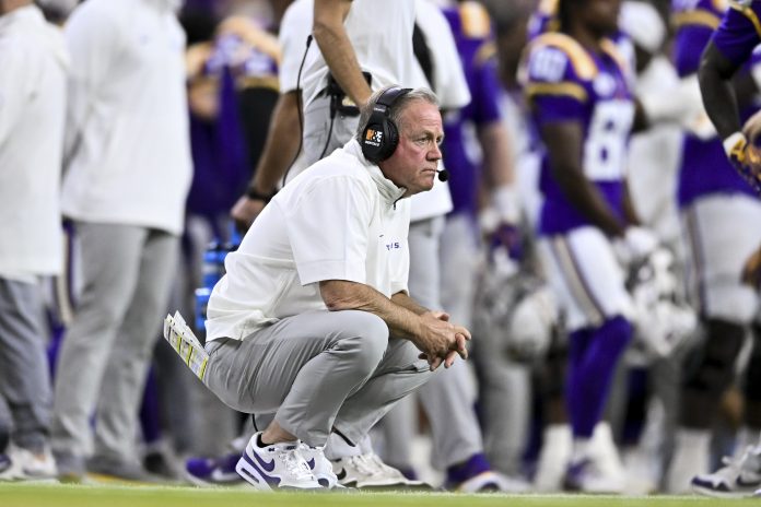 LSU Tigers head coach Brian Kelly looks on during the second half against the Baylor Bears at NRG Stadium. The Tigers defeat the Bears 44-31.