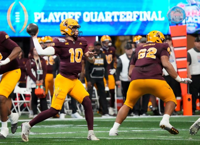 Arizona State quarterback Sam Leavitt (10) throws a pass against Texas during the first quarter of the Chick-fil-A Peach Bowl in Atlanta on Wednesday, Jan. 1, 2025.