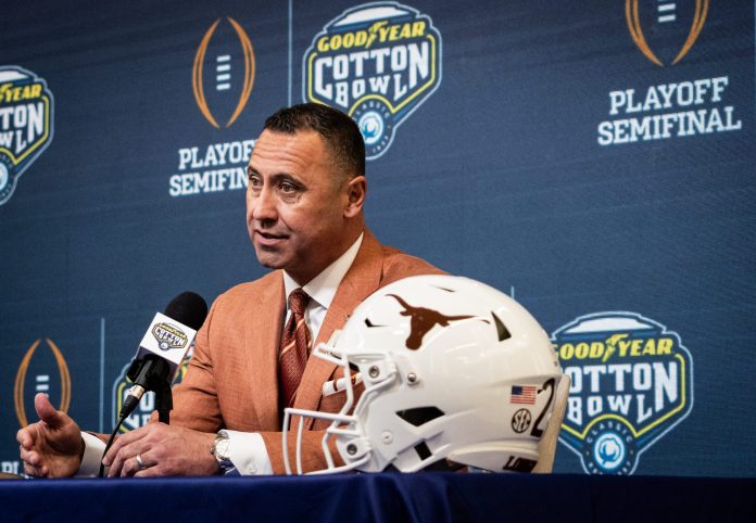 Texas Longhorns Head Coach Steve Sarkisian speaks during the Coaches' Press Conference at AT&T Stadium, Jan. 9, 2024. Both coaches answered questions from the media during the conference, and will face each other in the Cotton Bowl College Football Playoff semi-final game on Friday.