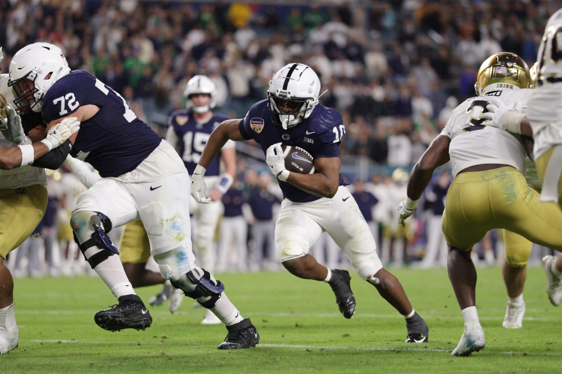 Penn State coach James Franklin praises the return of star RBs Nick Singleton and Kaytron Allen, who will try to lead the Nittany Lions to another CFP berth.