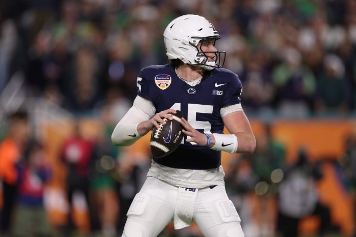 Penn State Nittany Lions quarterback Drew Allar (15) looks to pass in the second half against the Notre Dame Fighting Irish in the Orange Bowl at Hard Rock Stadium.