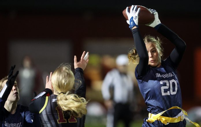 Bainbridge’s Gabby Farley (20) catches a pass during their game against Kingston.