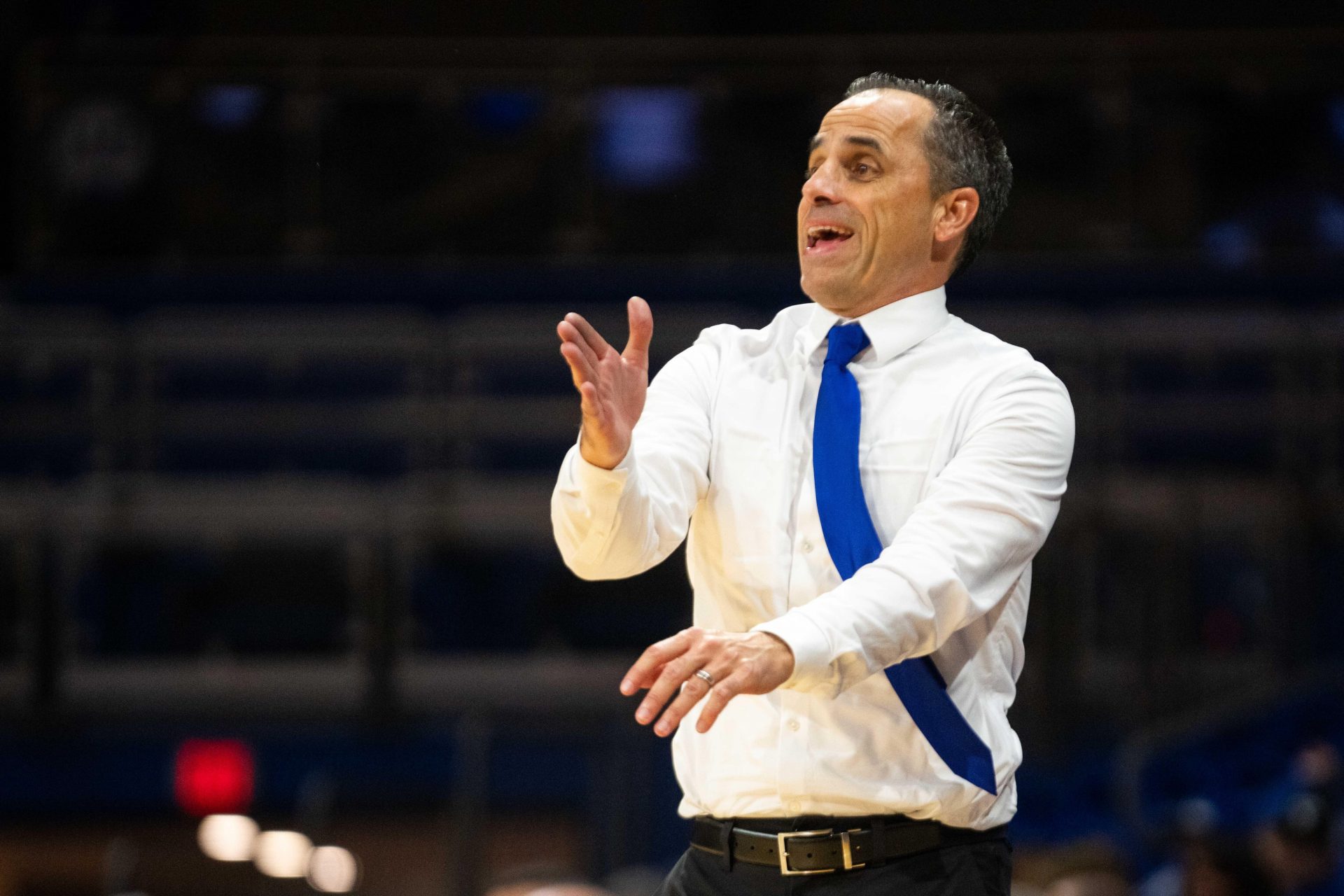 Drake basketball coach Ben McCollum calls out to his players during the Bulldogs' season opener on Monday, Nov. 4, 2024, at the Knapp Center.