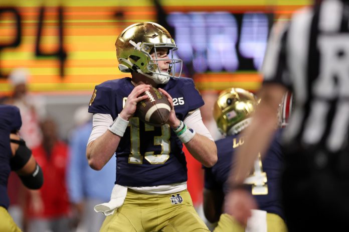 Fighting Irish quarterback Riley Leonard (13) looks to pass the ball against the Ohio State Buckeyes during the second half the CFP National Championship college football game at Mercedes-Benz Stadium.