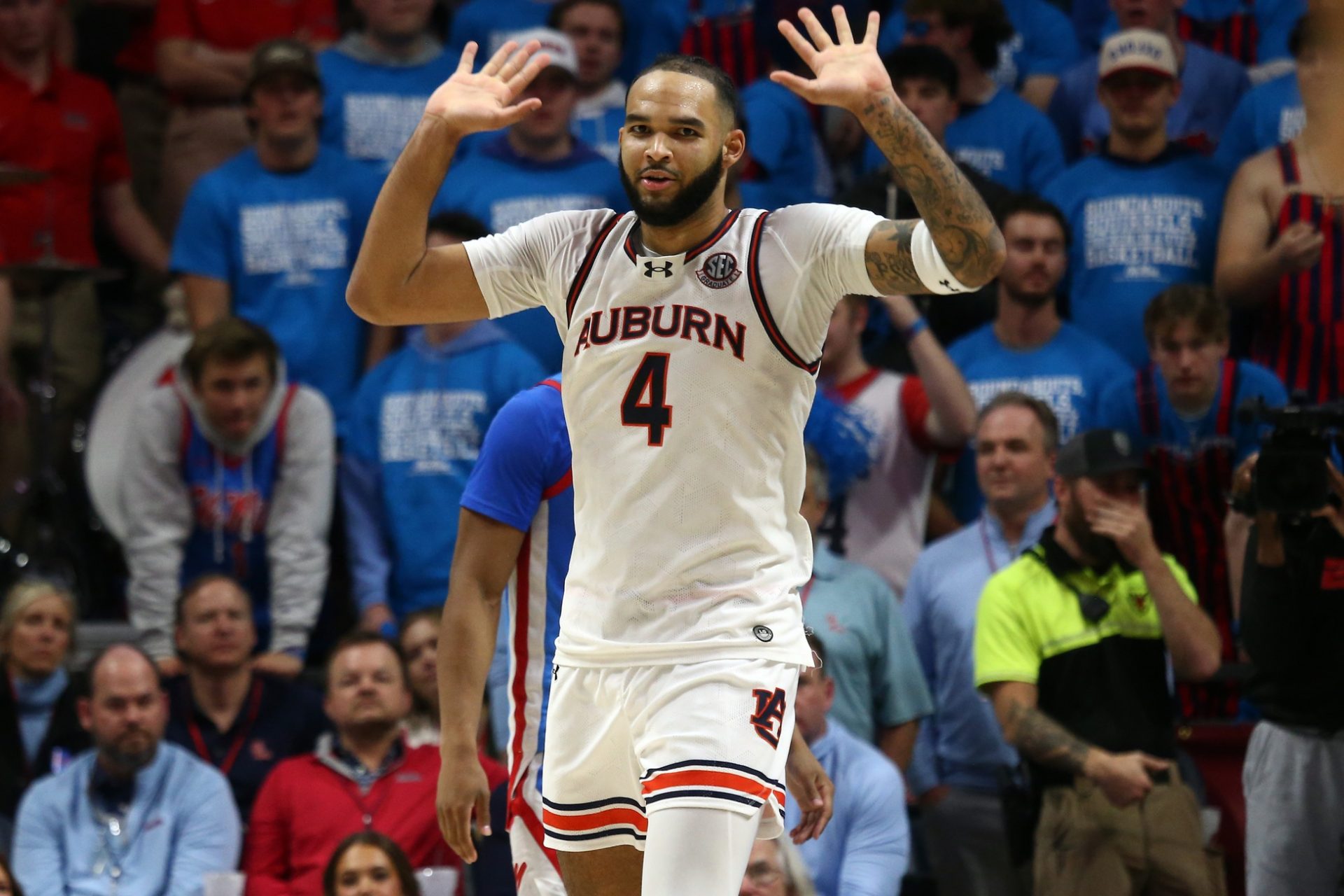 Auburn Tigers forward/center Johni Broome (4) reacts during the second half against the Mississippi Rebels at The Sandy and John Black Pavilion at Ole Miss.