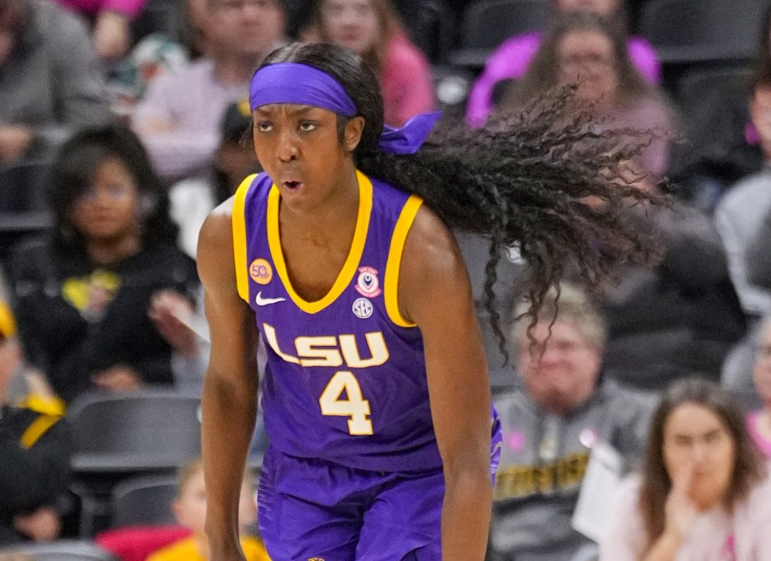 LSU Lady Tigers guard Flau'Jae Johnson (4) celebrates after scoring against the LSU Lady Tigers during the second half at Mizzou Arena.