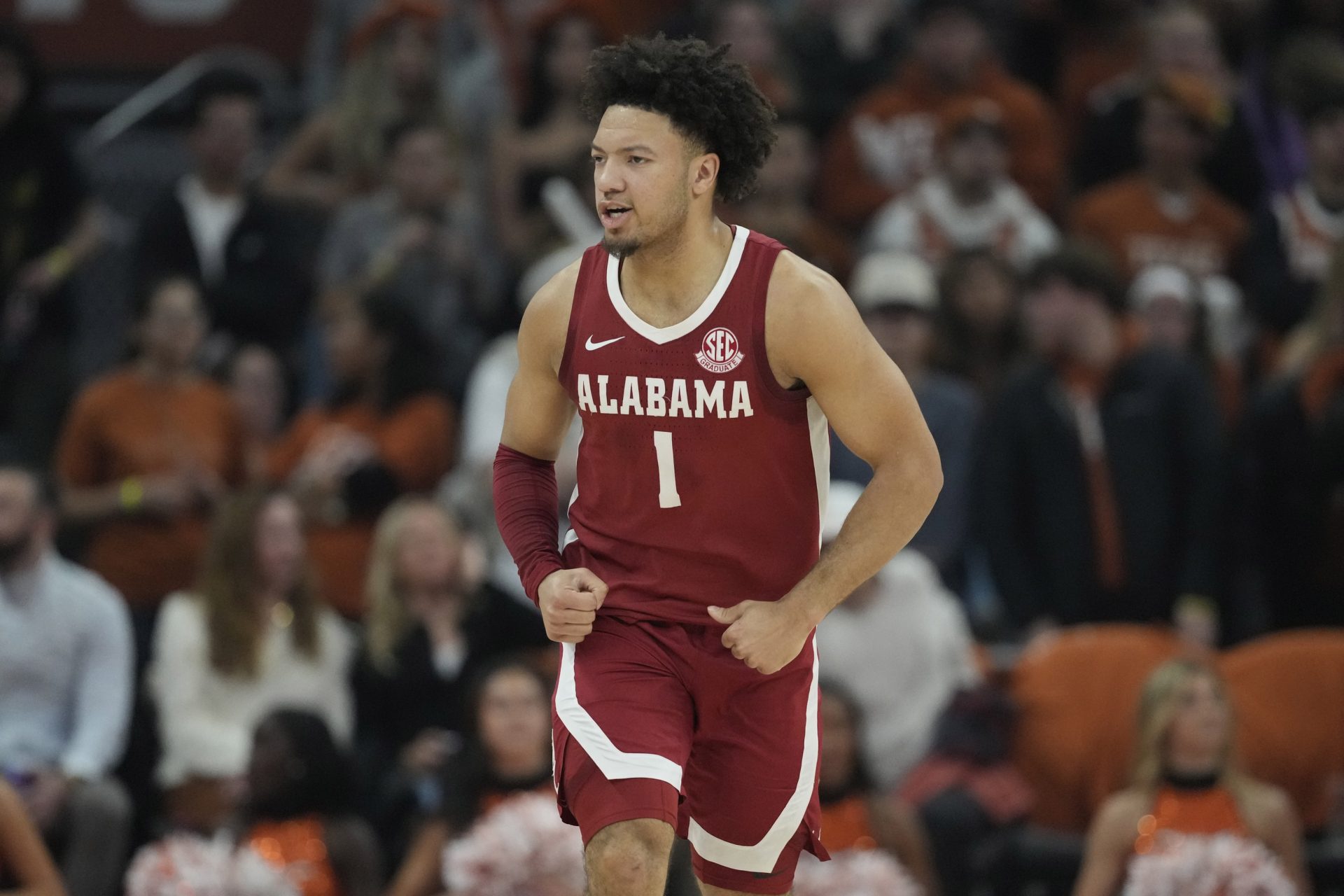 Alabama Crimson Tide guard Mark Sears (1) reacts after scoring a three point basket during the first half against the Alabama Crimson Tide at Moody Center.