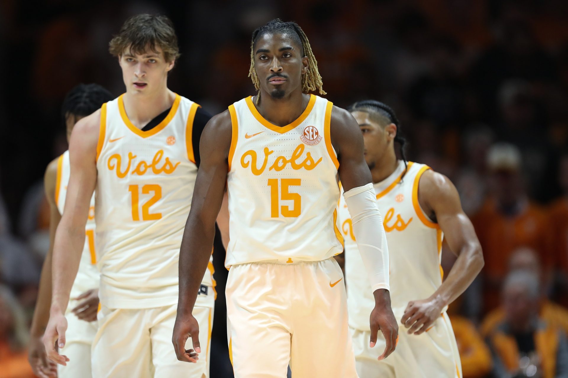 Tennessee Volunteers guard Jahmai Mashack (15) and forward Cade Phillips (12) during the first half against the Vanderbilt Commodores at Thompson-Boling Arena at Food City Center.