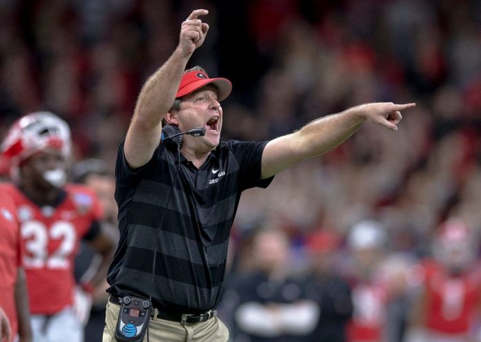 Georgia head coach Kirby Smart shouts to his players during the Sugar Bowl against Texas on Jan. 1, 2019 in New Orleans, Louisiana.