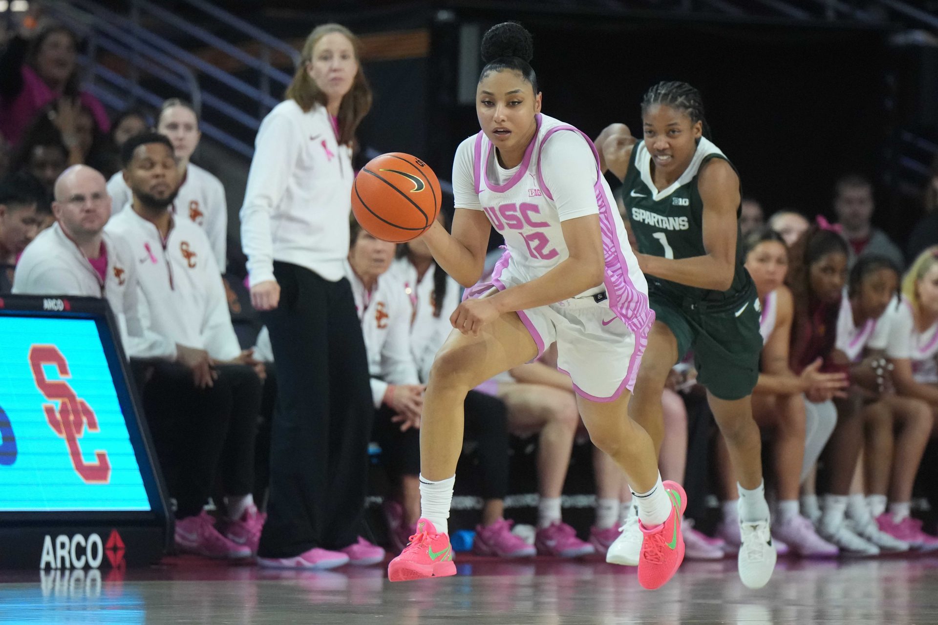 USC star JuJu Watkins shares her thoughts on teammate KiKi Iriafen after the Trojans' big win over Michigan State.