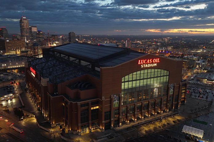 A general overall aerial view of Lucas Oil Stadium, the site of the 2025 NFL Scouting Combine and home of the Indianapolis Colts.