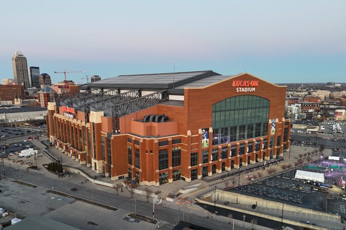 A general overall aerial view of Lucas Oil Stadium, the site of the 2025 NFL Scouting Combine and home of the Indianapolis Colts.