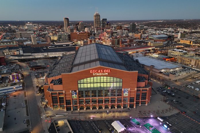 A general overall aerial view of Lucas Oil Stadium, the site of the 2025 NFL Scouting Combine and home of the Indianapolis Colts.