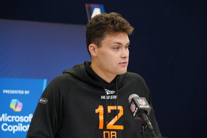 Indiana quarterback Kurtis Rourke speaks to the media at the 2025 NFL combine.