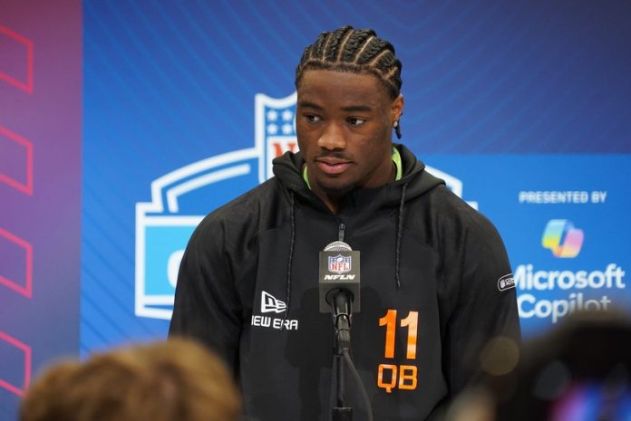 Alabama quarterback Jalen Milroe speaks to the media at the 2025 NFL combine.