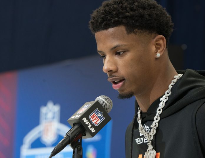 Texas wideout Matthew Golden (WO16) speaks during a press conference at Feb 28, 2025; Indianapolis, IN, USA; during the 2025 NFL Combine at Indiana Convention Center.