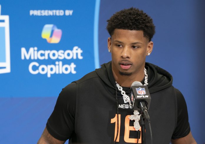 Texas wideout Matthew Golden (WO16) speaks during a press conference at Feb 28, 2025; Indianapolis, IN, USA; during the 2025 NFL Combine at Indiana Convention Center.