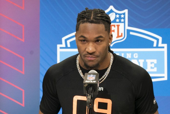 Missouri wideout Luther Burden III (WO09) answers questions at a press conference during the 2025 NFL Combine at Indiana Convention Center.