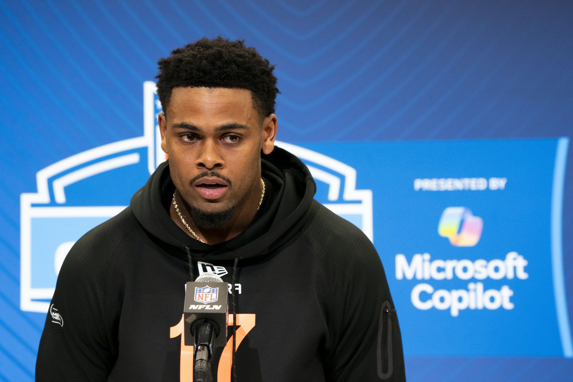 Mississippi wideout Tre Harris (WO17) answers questions at a press conference during the 2025 NFL Combine at Indiana Convention Center.