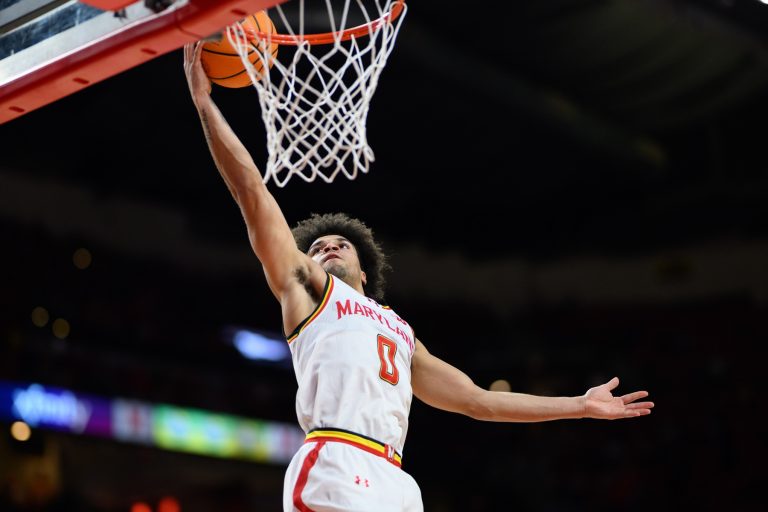 Maryland Terrapins guard Ja'Kobi Gillespie (0) shoots a lay up during the second half against the Iowa Hawkeyes at Xfinity Center.