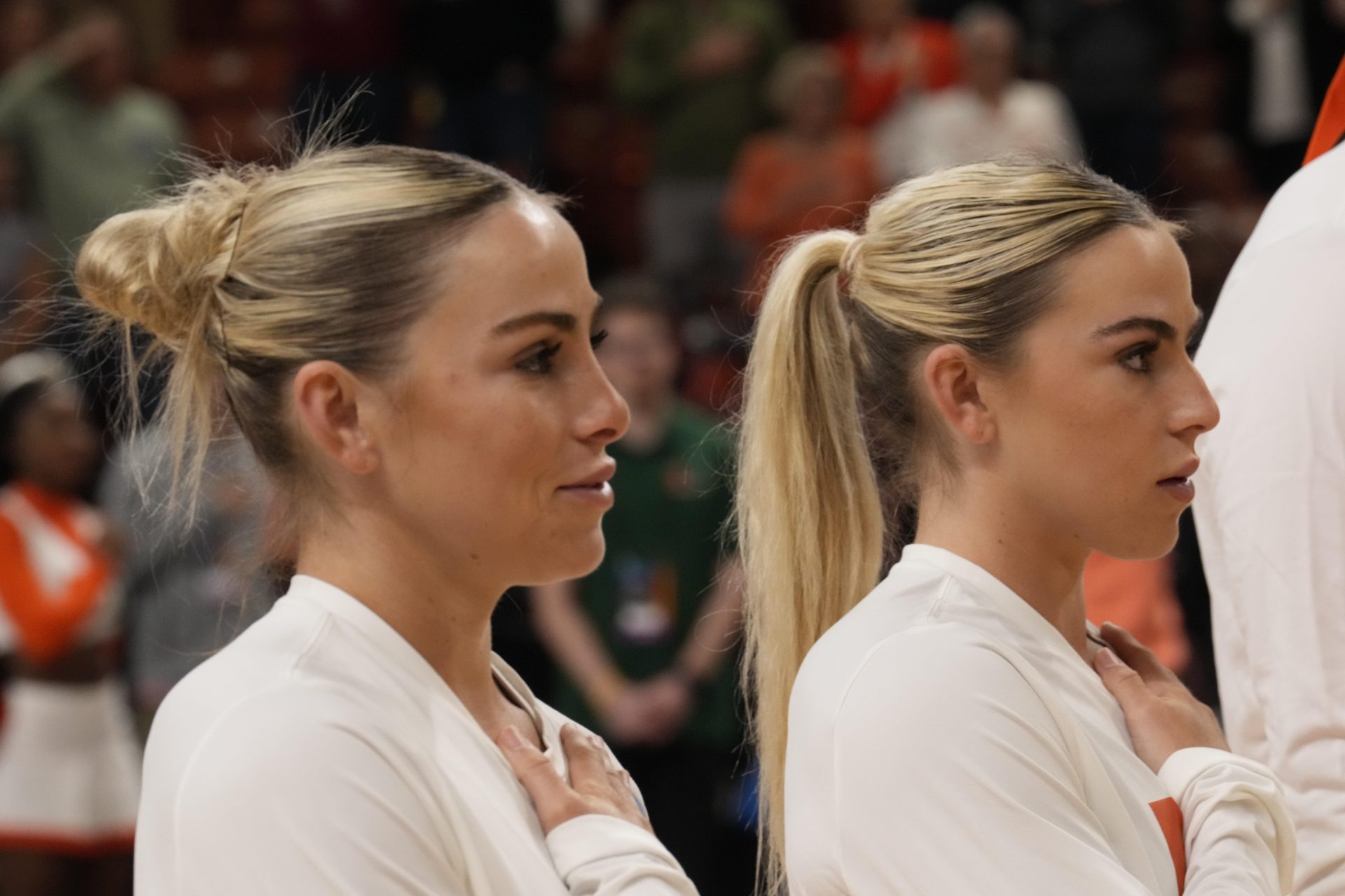 Miami Hurricanes guard Haley Cavinder (14) and guard Hanna Cavinder (15) during the NCAA WomenÕs Tournament against the LSU Lady Tigers at Bon Secours Wellness Arena.