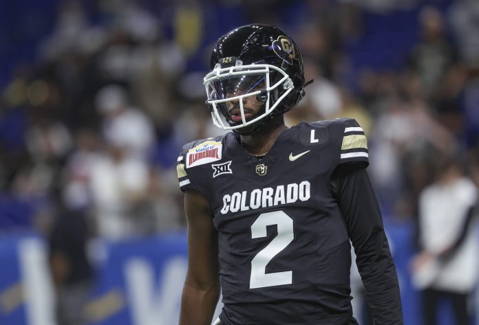 Colorado Buffaloes quarterback Shedeur Sanders (2) warms up before the game against the Brigham Young Cougars at Alamodome.