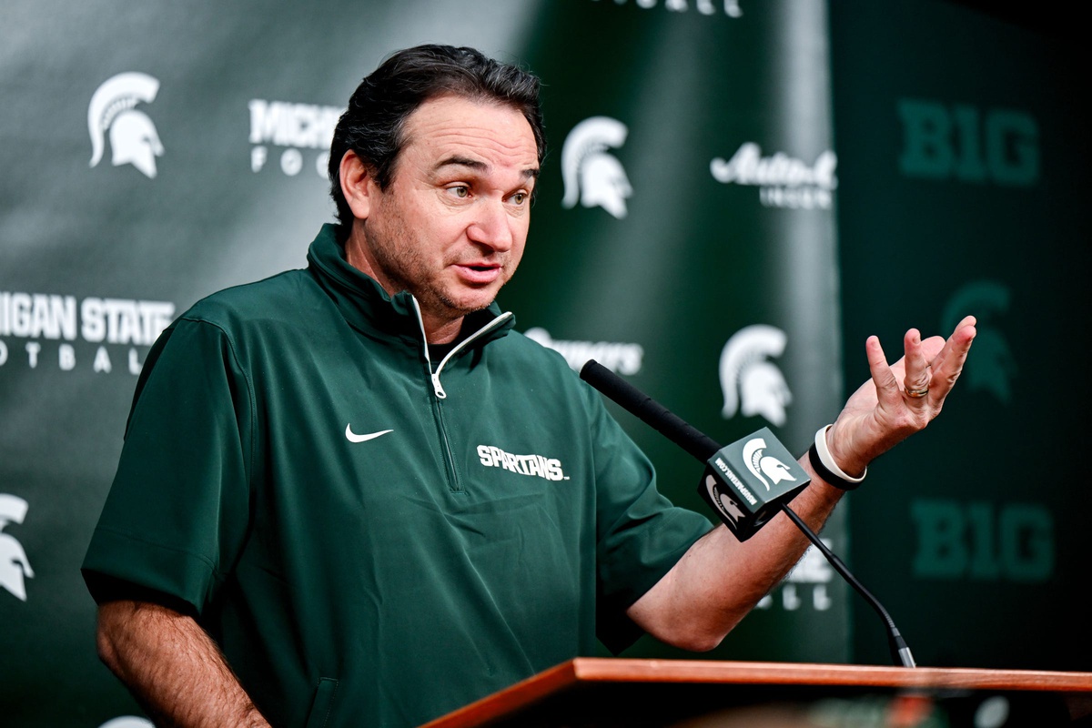 Michigan State coach Jonathan Smith talks the media on the first national signing day for college football recruits Wednesday, Dec. 4, 2024, at Spartan Stadium in East Lansing.