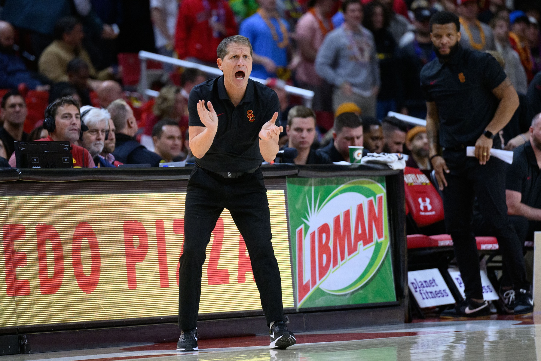 USC Trojans head coach Eric Musselman reacts from from the sideline during the second half against the Maryland Terrapins at Xfinity Center.