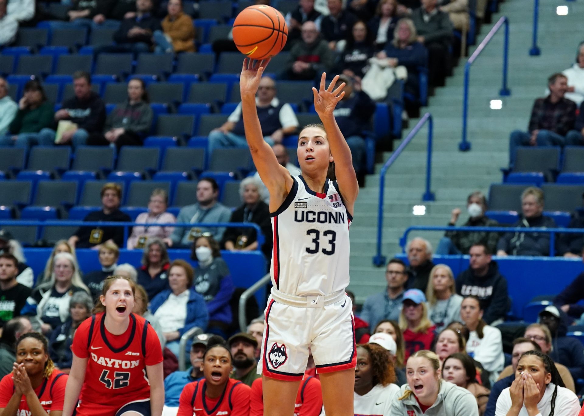 UConn Huskies guard Caroline Ducharme (33) shoots for three points against the Dayton Flyers in the first half at XL Center.