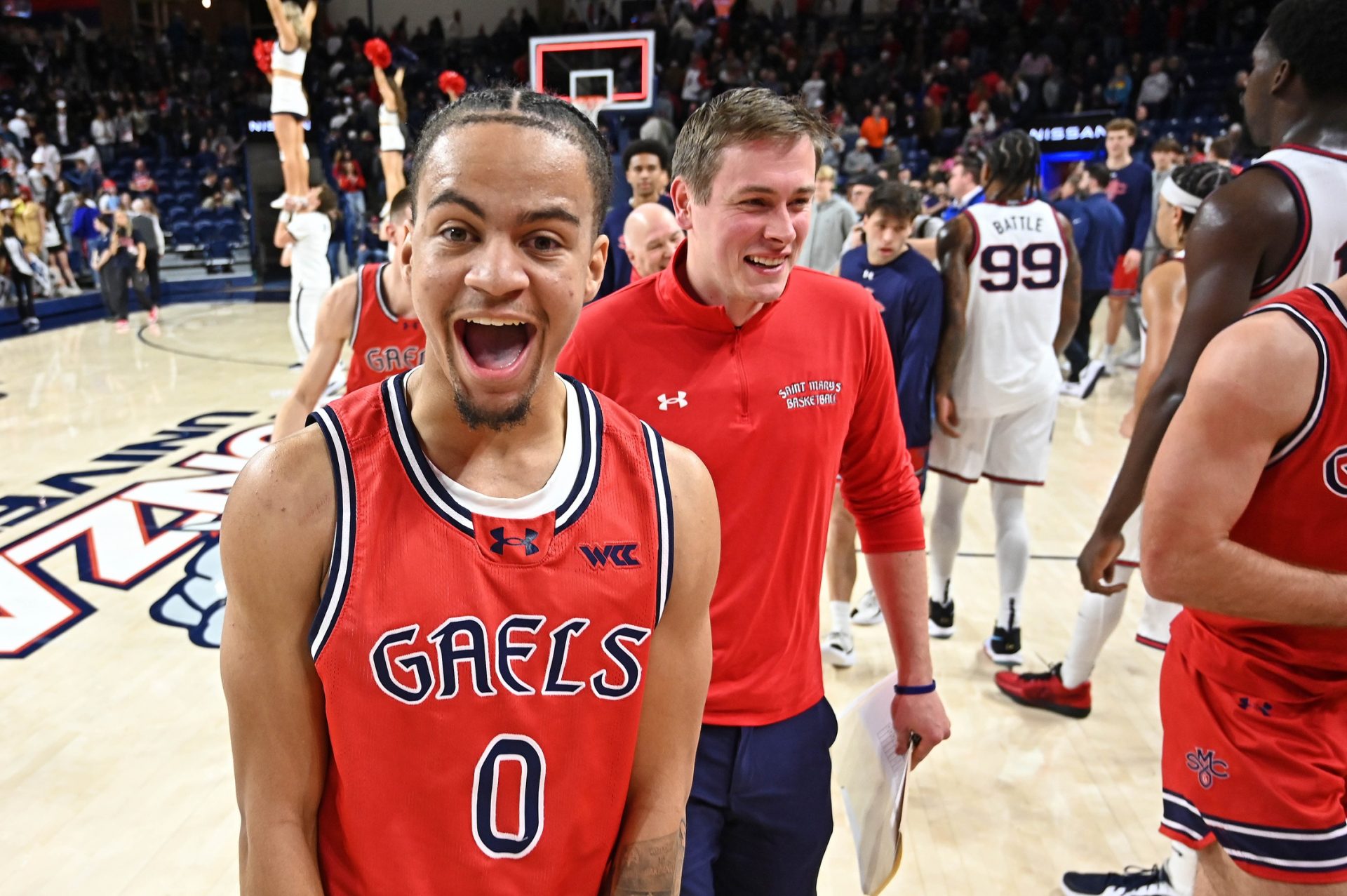 St. Mary's Gaels guard Mikey Lewis (0) celebrates after a game against the Gonzaga Bulldogs at McCarthey Athletic Center.