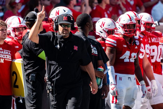 Nebraska Cornhuskers head coach Matt Rhule reacts during the second quarter against the UTEP Miners at Memorial Stadium.