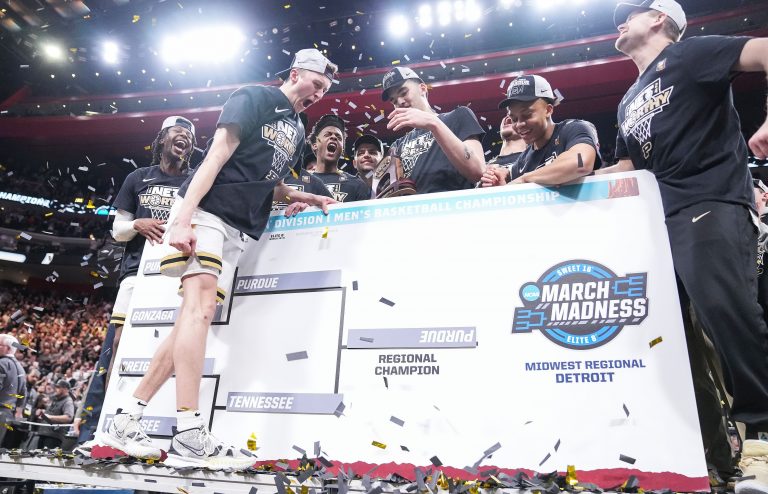 Purdue Boilermakers guard Fletcher Loyer (2) moves Purdue up on the bracket Sunday, March 31, 2024, after defeating the Tennessee Volunteers for the midwest regional championship at the Little Caesars Arena in Detroit.