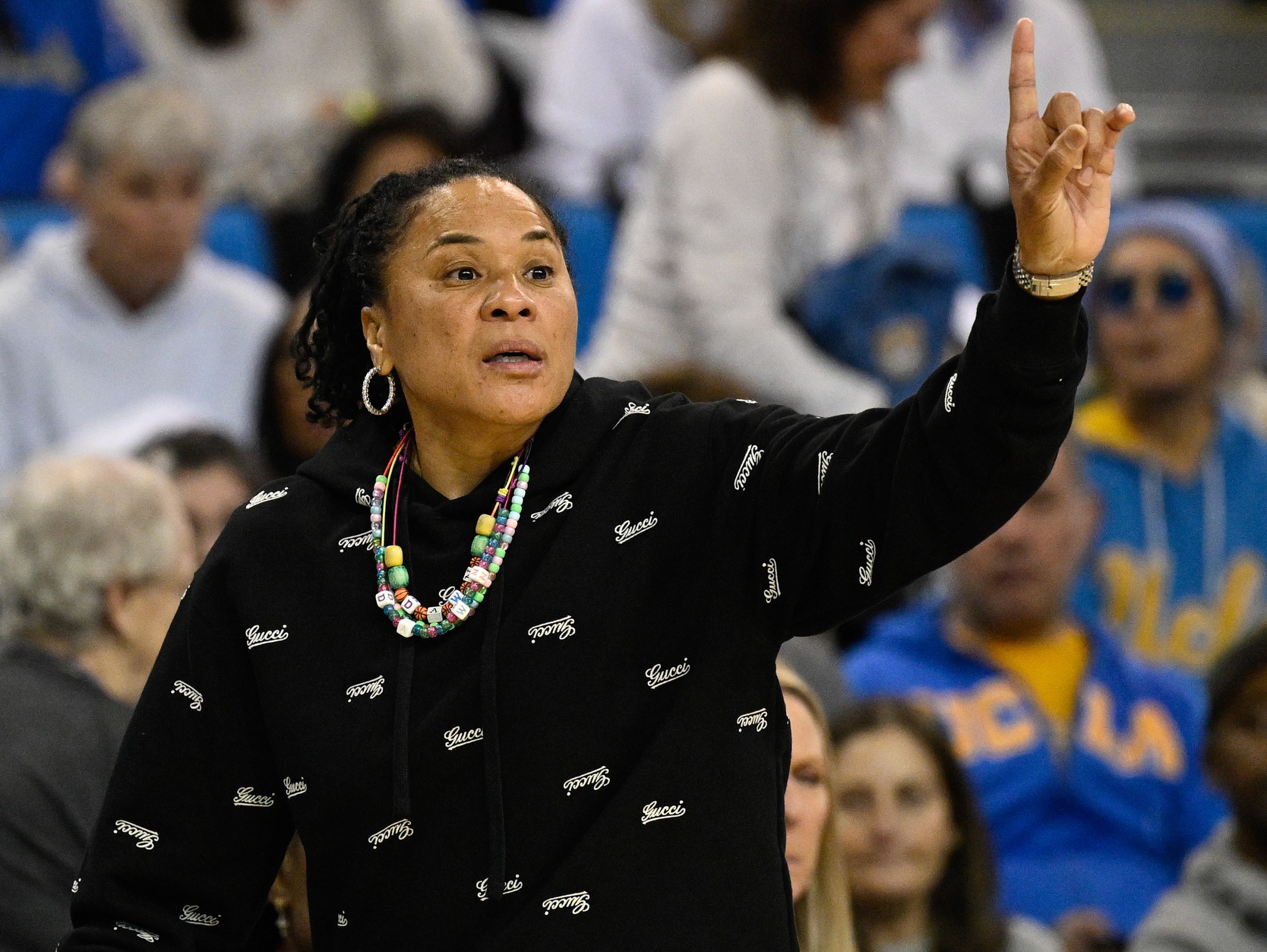 South Carolina Gamecocks head coach Dawn Staley during the first quarter against the UCLA Bruins at Pauley Pavilion presented by Wescom.