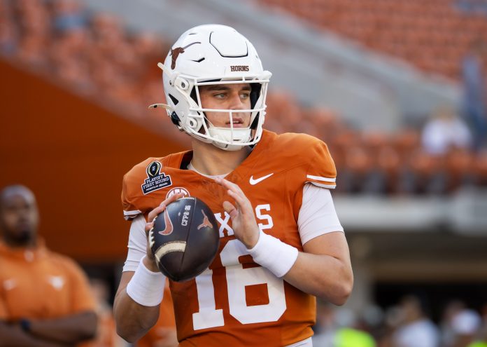 Texas Longhorns quarterback Arch Manning (16) prior to the game against the Clemson Tigers during the CFP National playoff first round at Darrell K Royal-Texas Memorial Stadium.