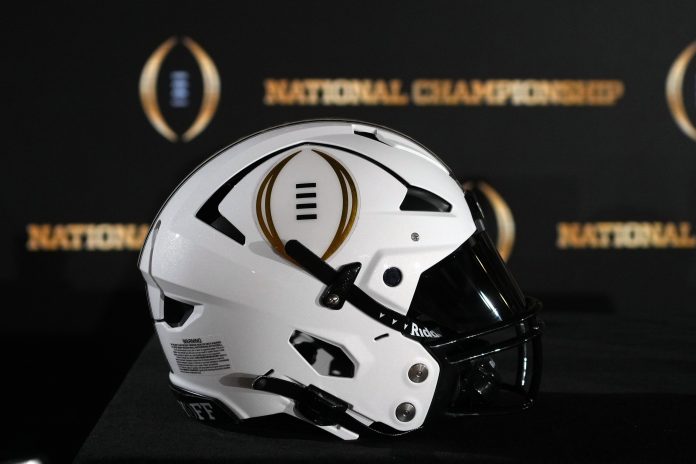 A College Football Playoff logo helmet at a press conference at The Westin Peachtree Plaza, Savannah Ballroom.