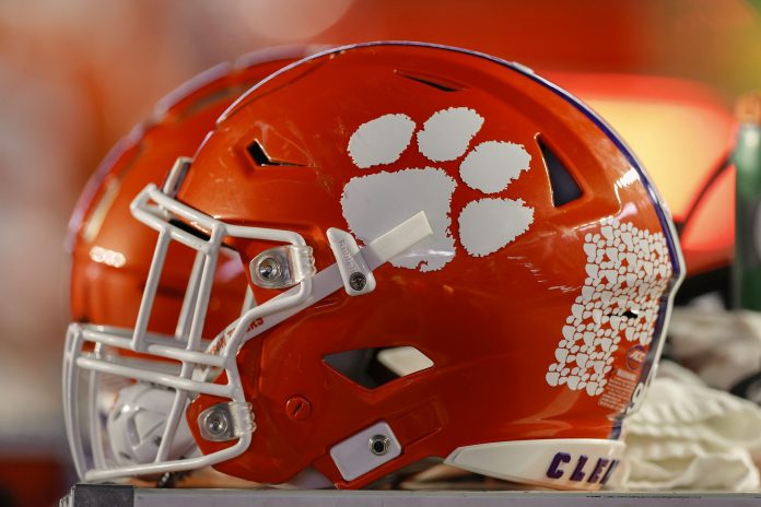 The logo of the Clemson Tigers is seen on a football helmet during the second half of the game between the Boston College Eagles and the Clemson Tigers at Alumni Stadium.