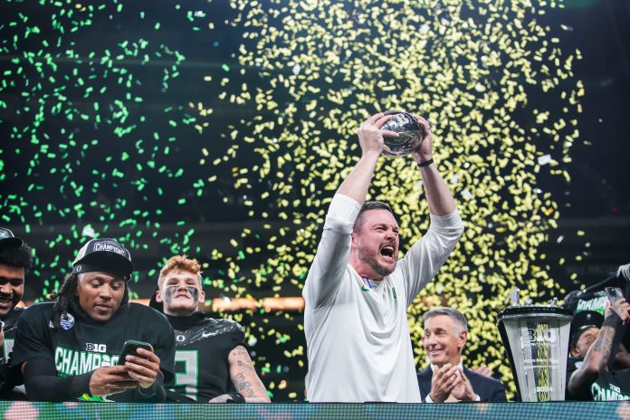 Oregon Ducks head coach Dan Lanning celebrates Saturday, Dec. 7, 2024, during the Big Ten Championship game between the Oregon Ducks and the Penn State Nittany Lions at Lucas Oil Stadium in Indianapolis.