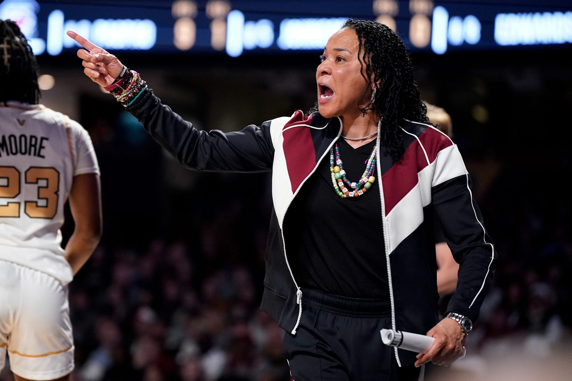South Carolina head coach Dawn Staley works with her team against the Vanderbilt during the second quarter at Memorial Gym.