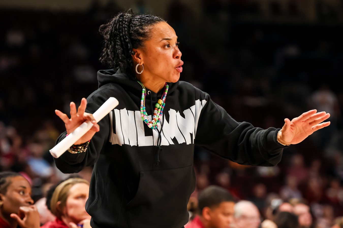 South Carolina Gamecocks head coach Dawn Staley directs her team against the Charleston Southern Buccaneers in the second half at Colonial Life Arena.