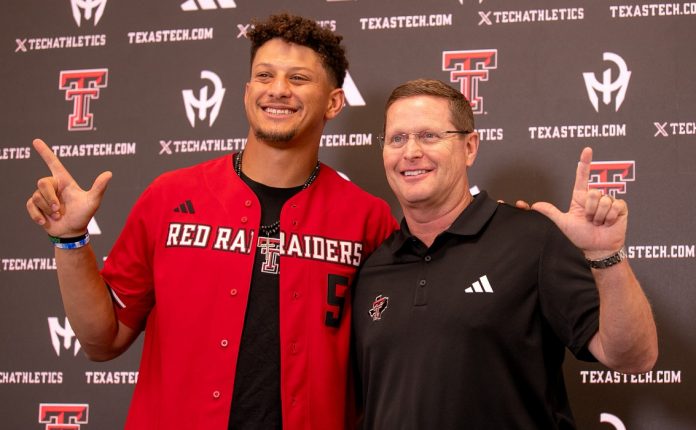 Kansas City Chiefs quarterback Patrick Mahomes and Texas Tech director of athletics Kirby Hocutt pose for a photo following a press conference at Jones AT&T Stadium, Friday, August 23, 2024.