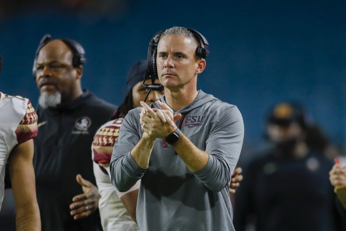 Florida State Seminoles head coach Mike Norvell reacts from the sideline during the fourth quarter against the Miami Hurricanes at Hard Rock Stadium.