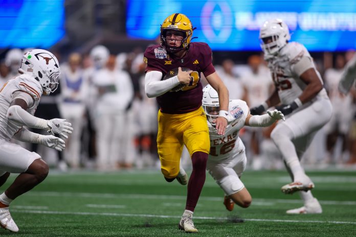 Arizona State Sun Devils quarterback Sam Leavitt (10) scrambles against the Texas Longhorns in overtime at Mercedes-Benz Stadium.