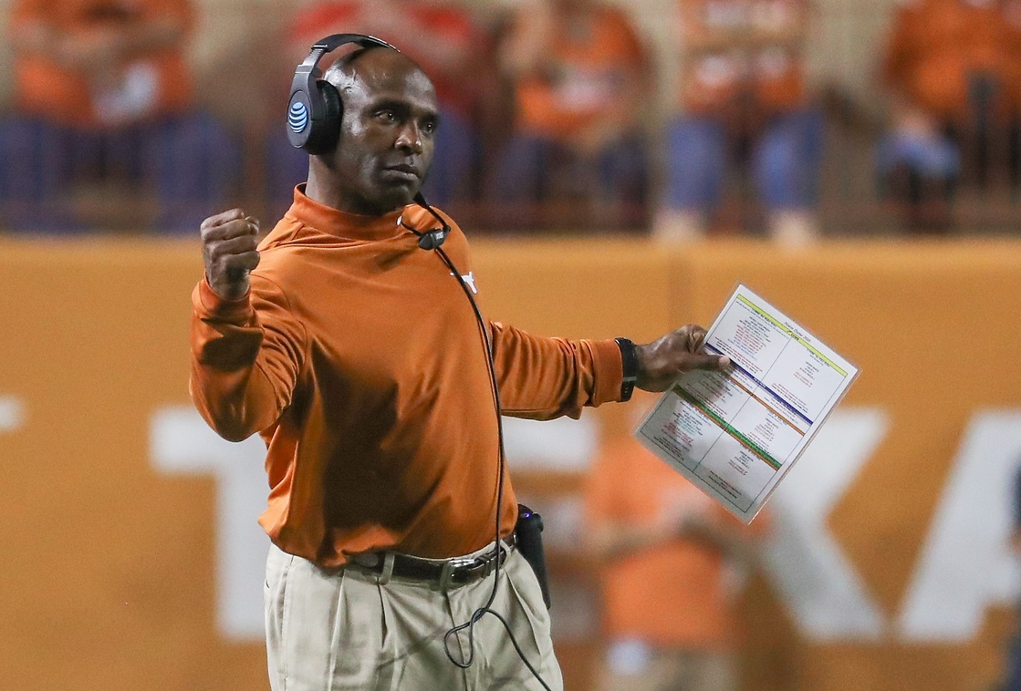 Texas Longhorns head coach Charlie Strong reacts during the third quarter against the Notre Dame Fighting Irish at Darrell K Royal-Texas Memorial Stadium.